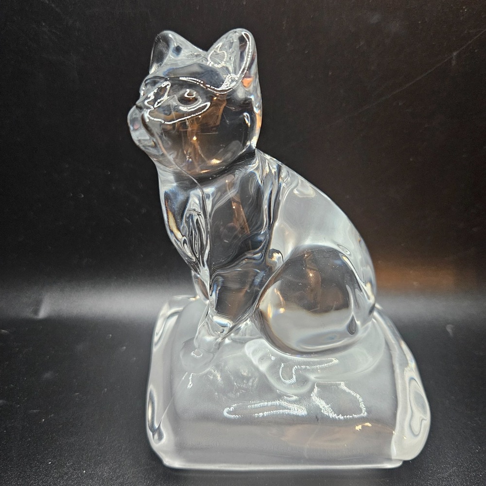 Clear Art Glass Sitting Cat Figurine Frosted Base‎ Paperweight 4.5"